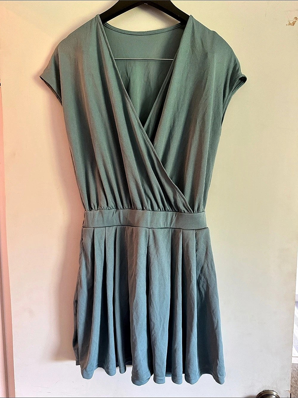 Halara V Neck Short Sleeve Pocket Waffle Casual Romper Teal Green Small